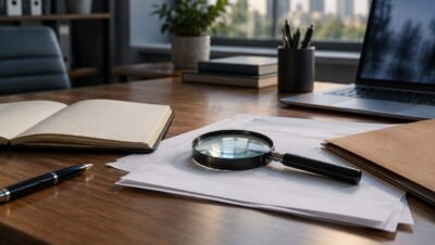 Lupa, caderno e documentos sobre uma mesa de trabalho; imagem ilustrativa de investigação particular
