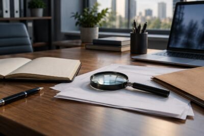 Lupa, caderno e documentos sobre uma mesa de trabalho; imagem ilustrativa de investigação particular